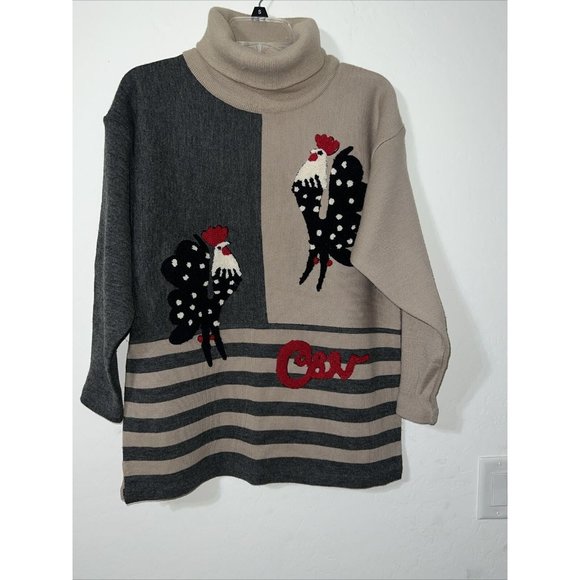 Ventilo Brown Gray Turtleneck Sweater with Roosters (Chenille) Medium - Picture 3 of 5